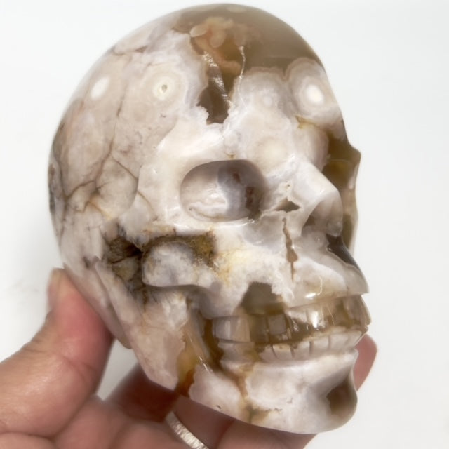 Flower Agate Skull Healing Crystal Carving 906g