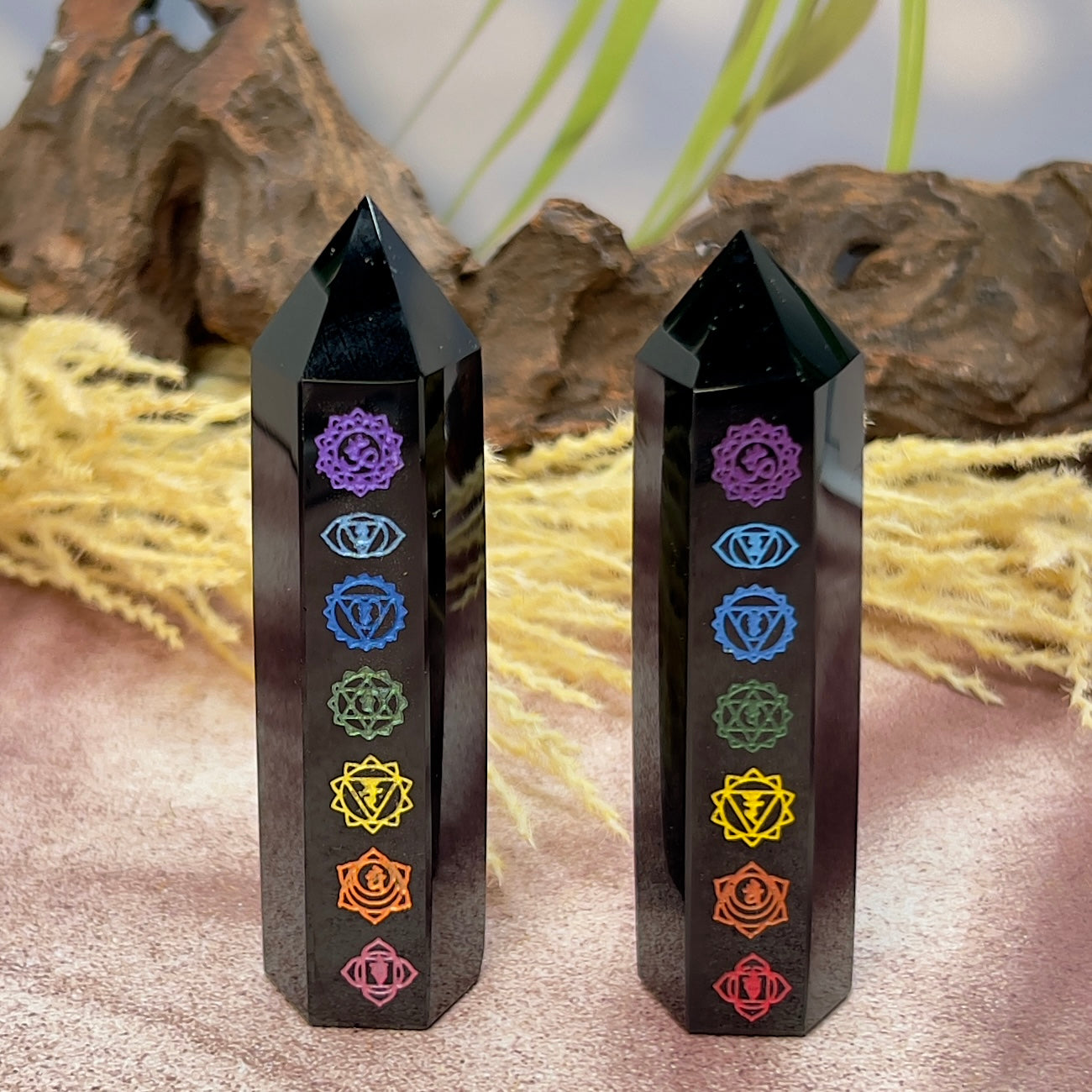 Black Obsidian Points With Chakra Print Crystal Generators Australian Seller