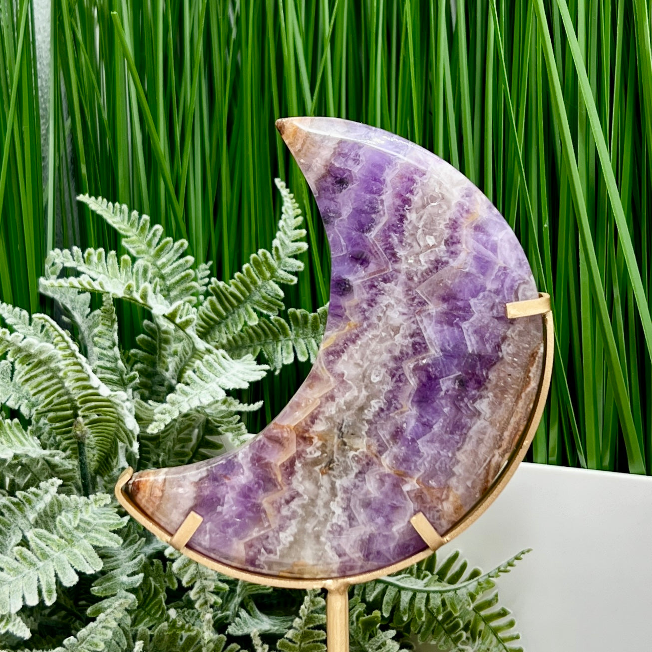 Amethyst with Mexican Lace Agate Purple Moon Crescent with Stand Healing Crystal 220g