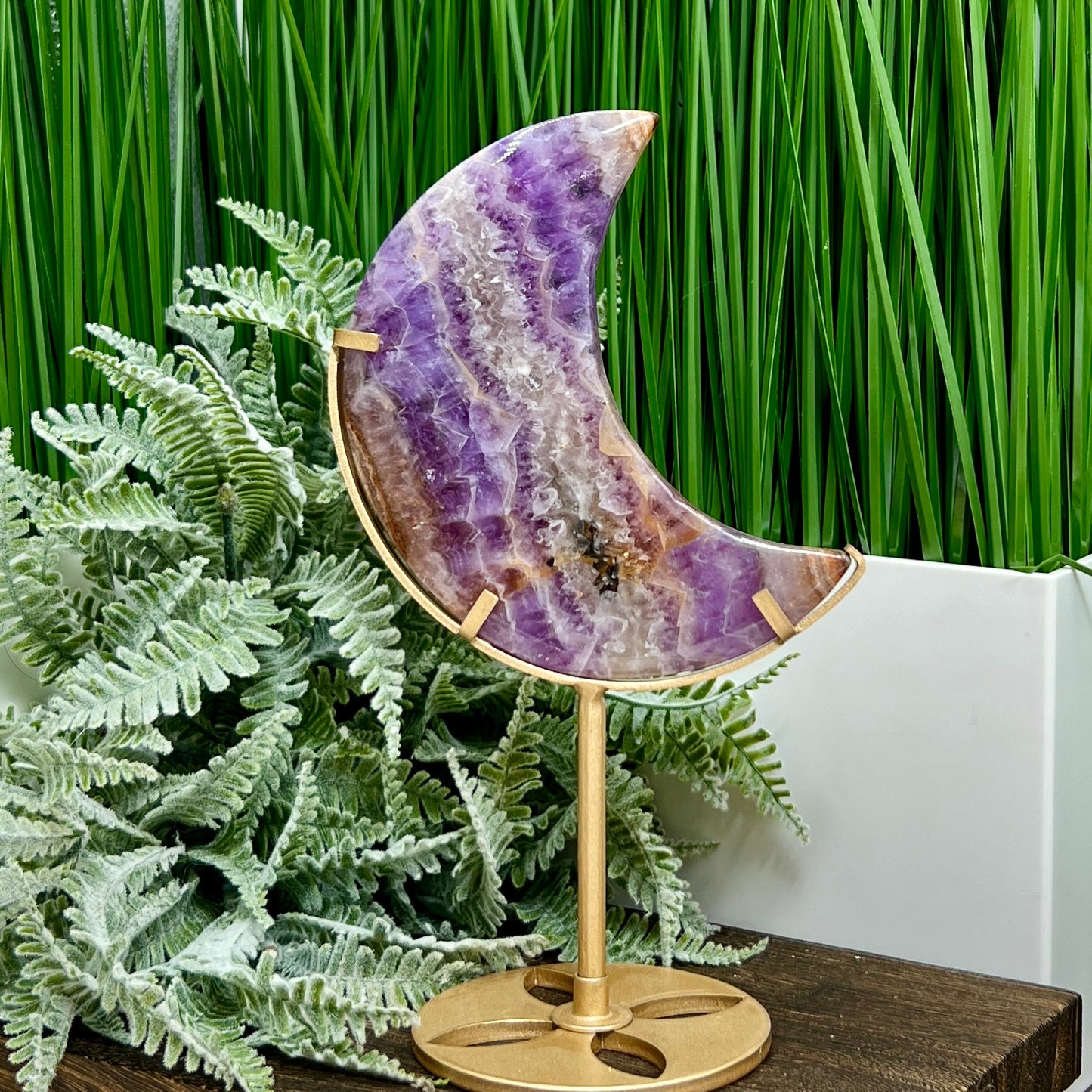 Amethyst with Mexican Lace Agate Purple Moon Crescent with Stand Healing Crystal 220g