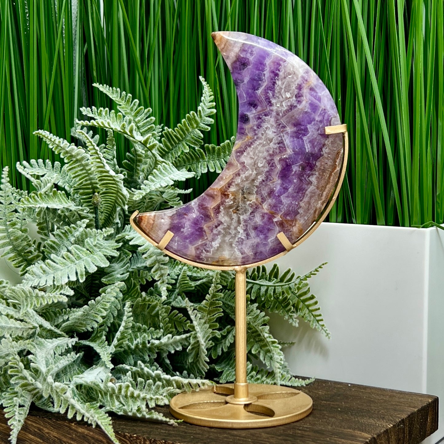 Amethyst with Mexican Lace Agate Purple Moon Crescent with Stand Healing Crystal 220g