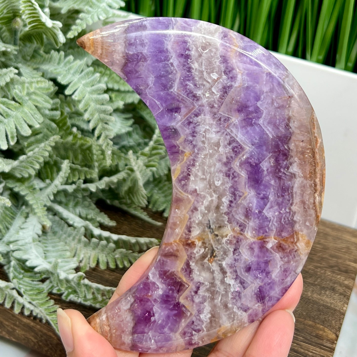 Amethyst with Mexican Lace Agate Purple Moon Crescent with Stand Healing Crystal 220g