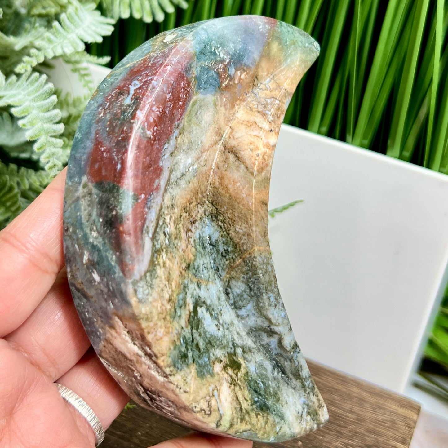 Ocean Sea Jasper Moon Crescent Bowl Healing Crystal Carving 400g