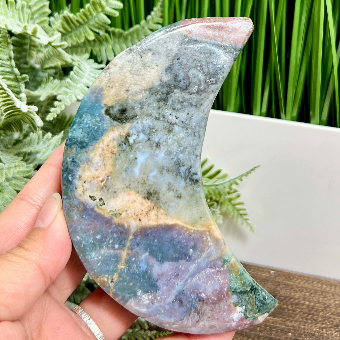 Ocean Sea Jasper Moon Crescent Bowl Healing Crystal Carving 400g