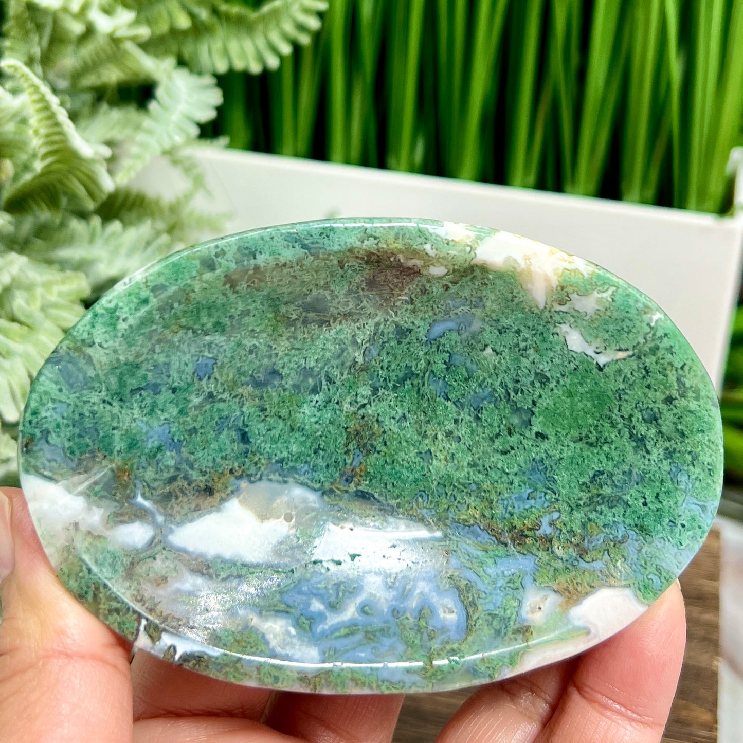 Moss Agate Oblong Bowl Healing Crystal Carving 256g