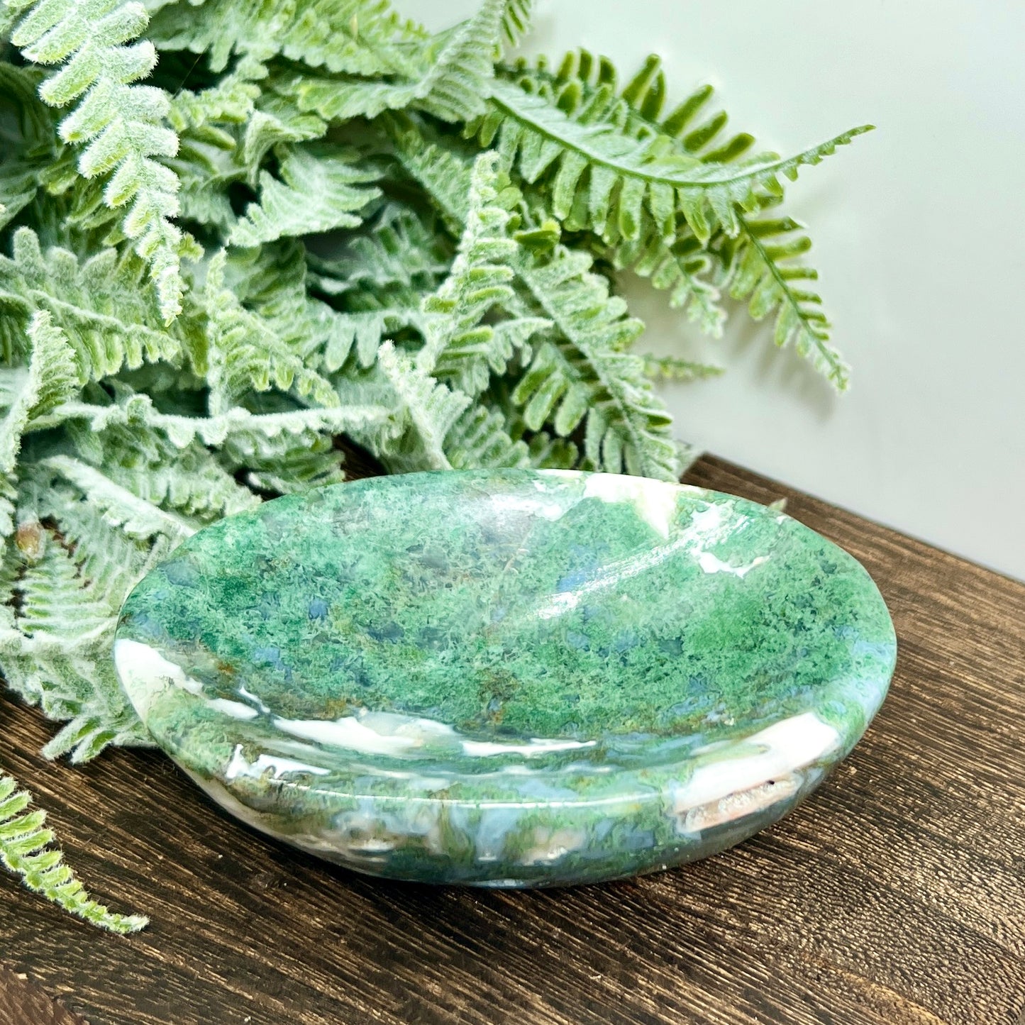 Moss Agate Oblong Bowl Healing Crystal Carving 256g