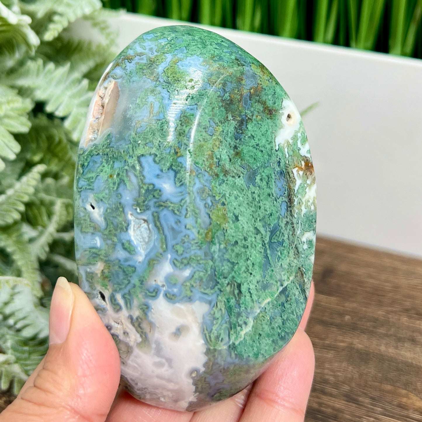 Moss Agate Oblong Bowl Healing Crystal Carving 256g