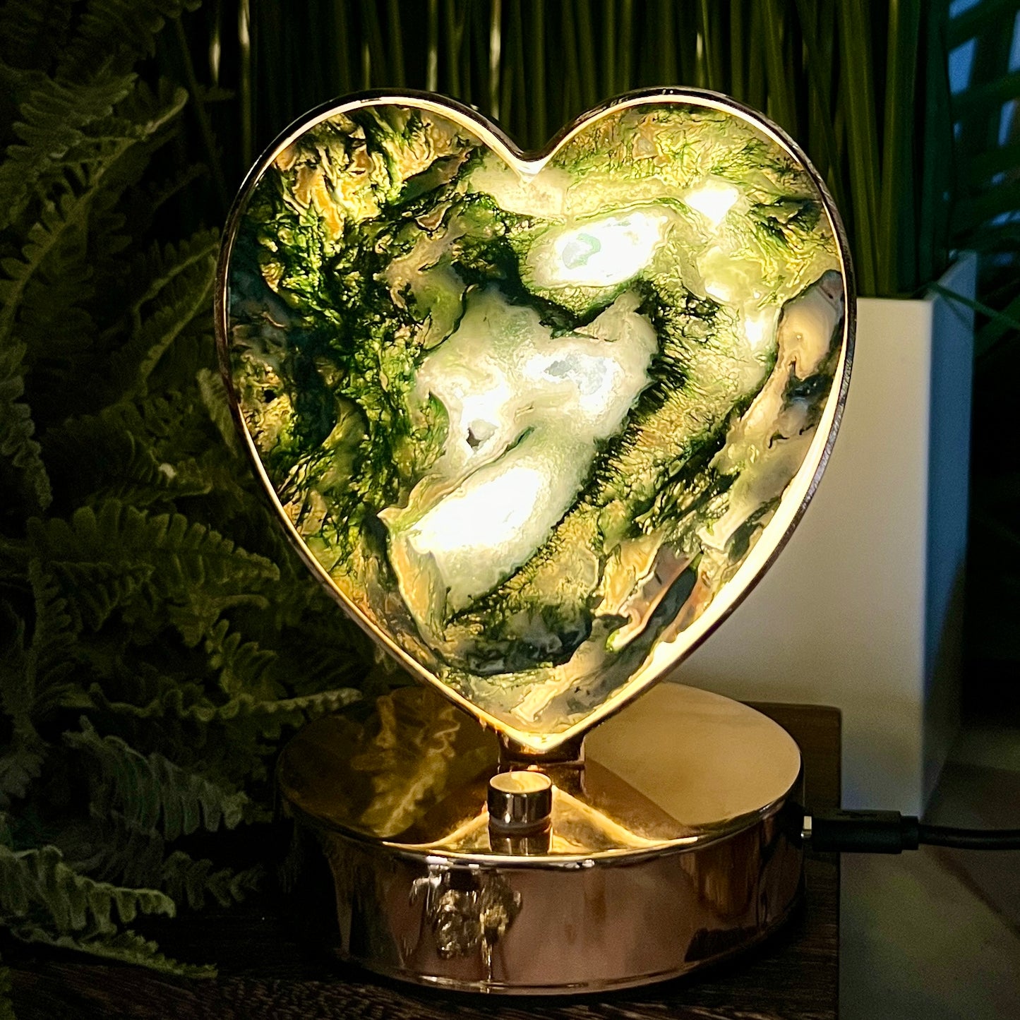 Moss Agate Heart Lamp Crystal Carving Two Colour Settings