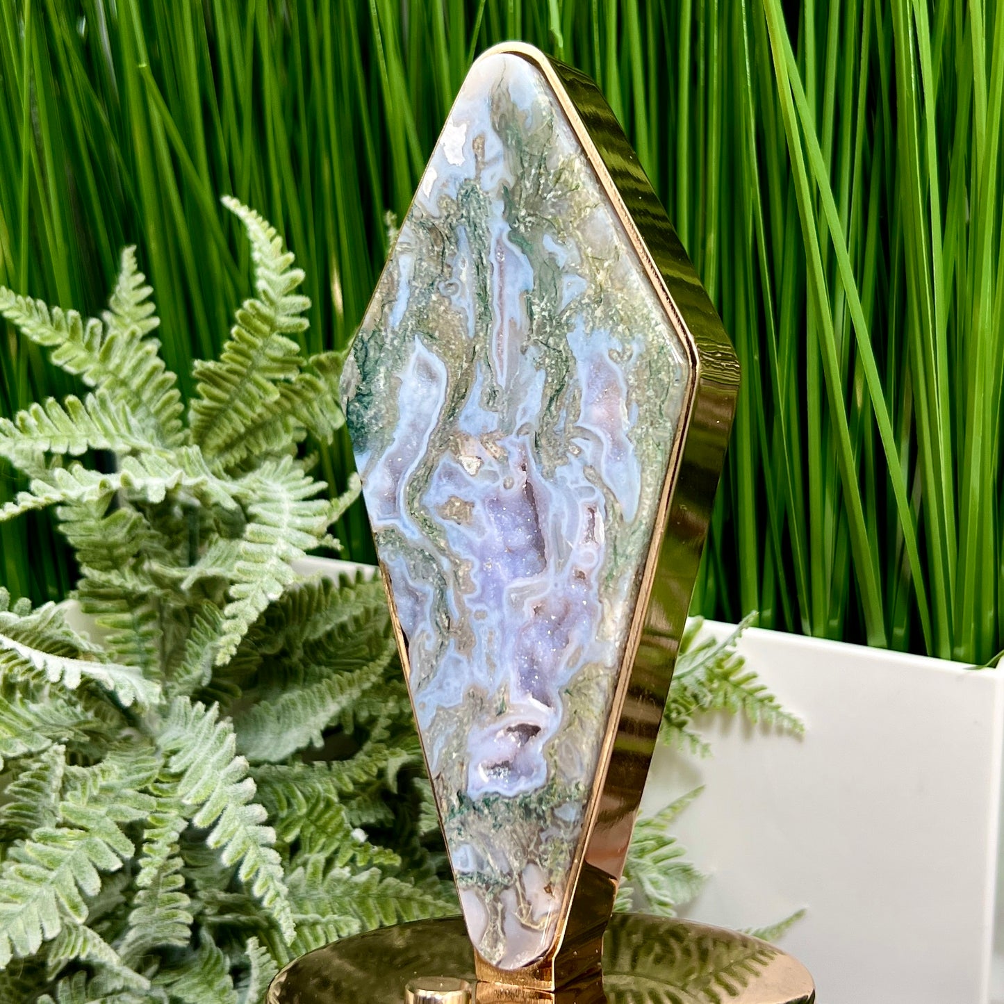 Moss Agate Rhombus Lamp Crystal Carving Colourful Settings