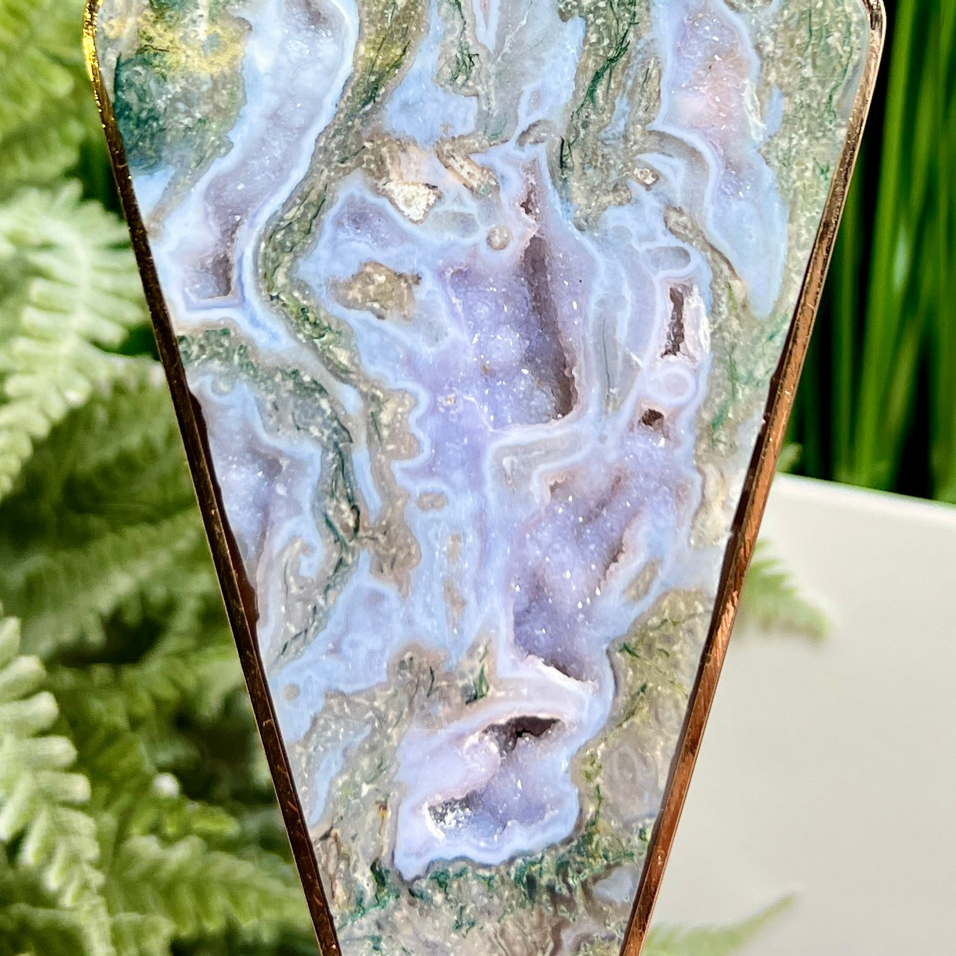 Moss Agate Rhombus Lamp Crystal Carving Colourful Settings