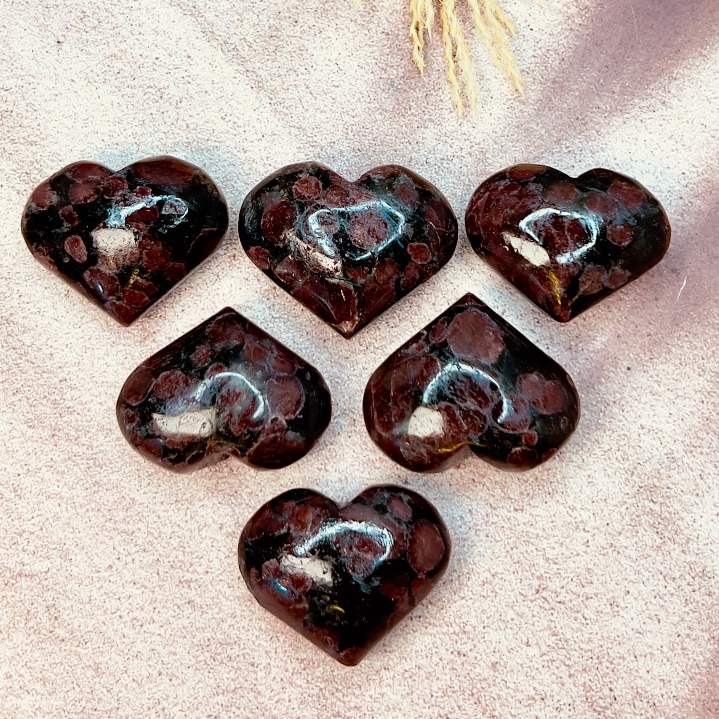 Garnet in Arfvedsonite Hearts Crystal Carvings Australian Seller