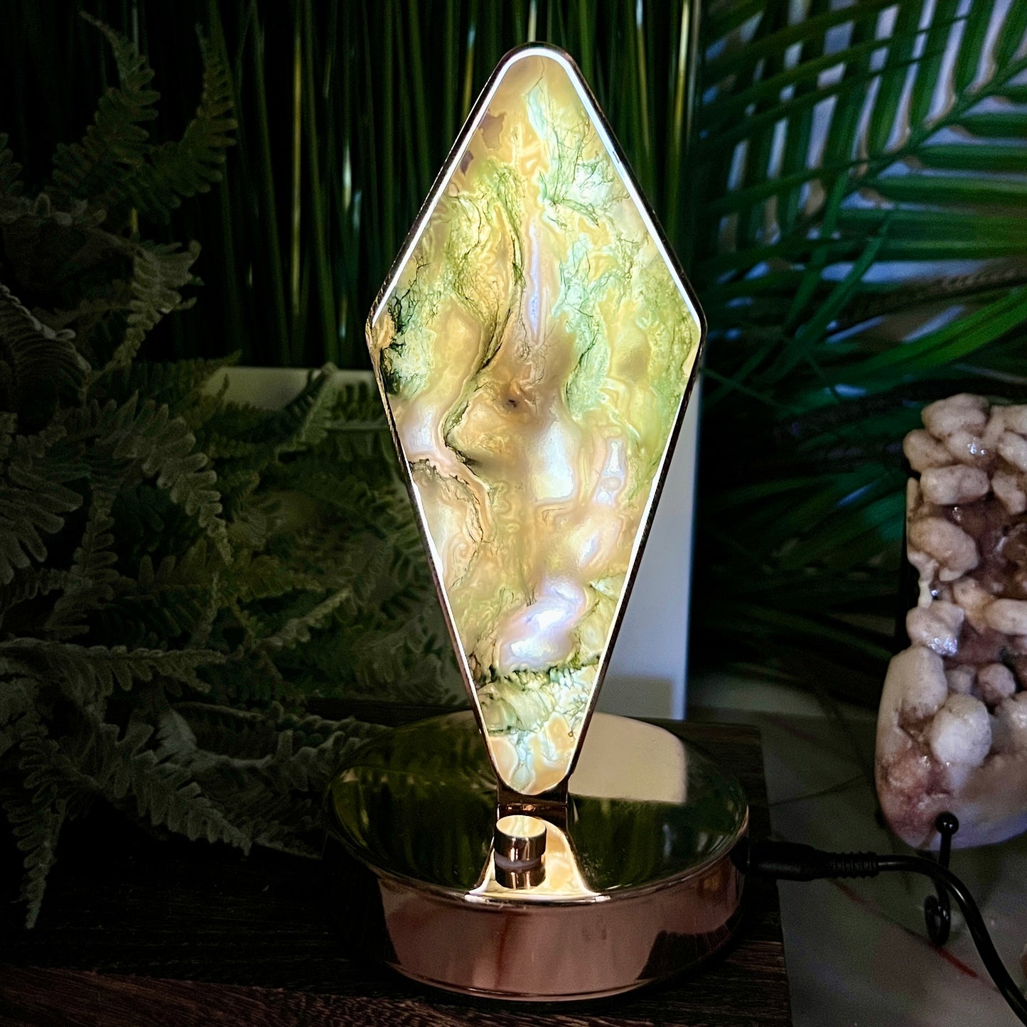 Moss Agate Rhombus Lamp Crystal Carving Colourful Settings