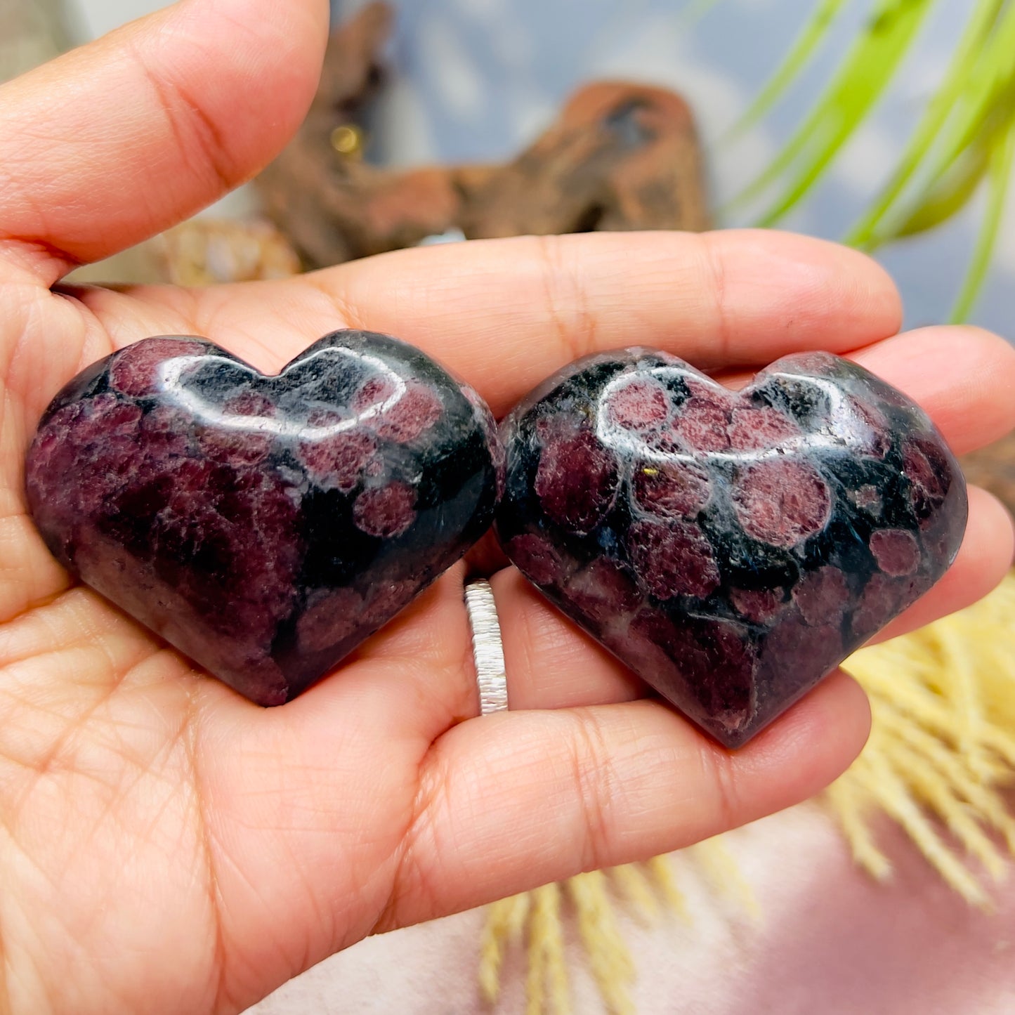 Garnet in Arfvedsonite Hearts Crystal Carvings Australian Seller