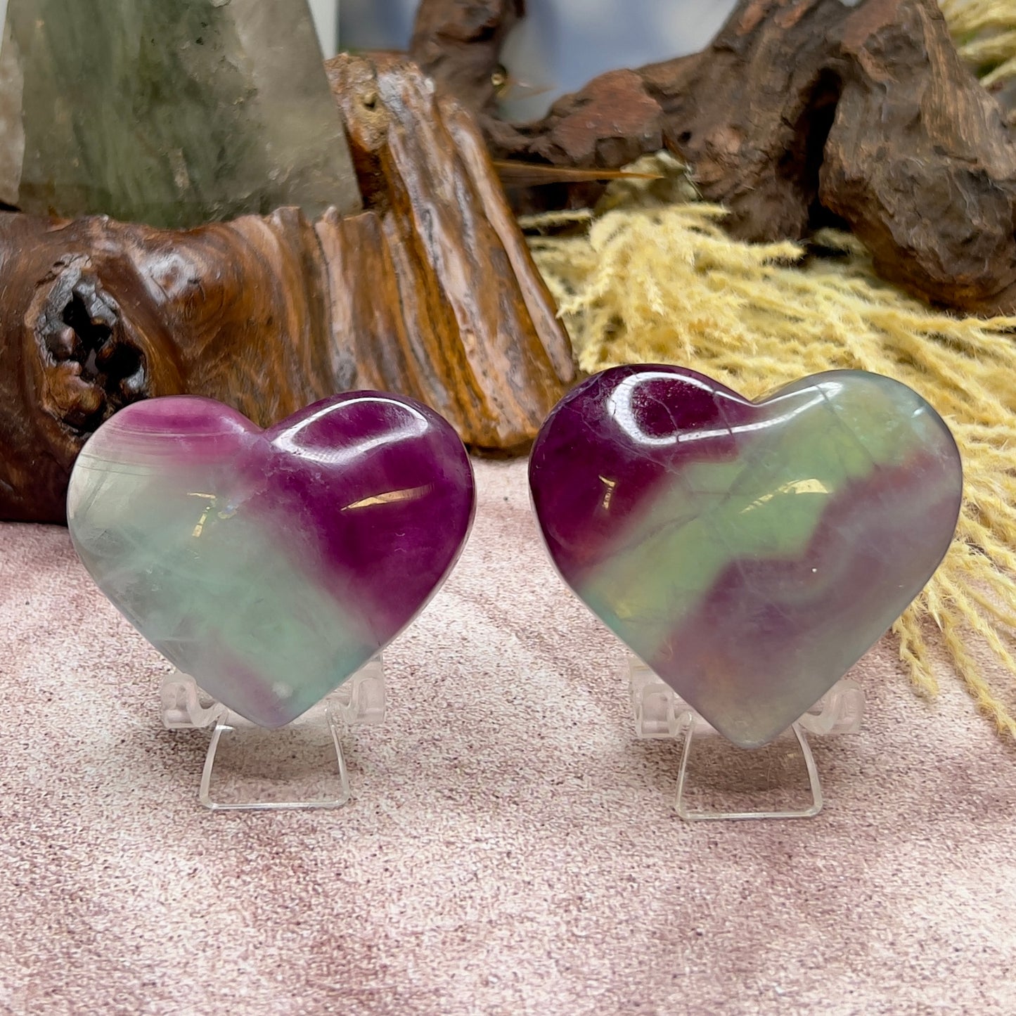 Purple Green Fluorite Gemstone Hearts Crystal Carvings Australian Seller