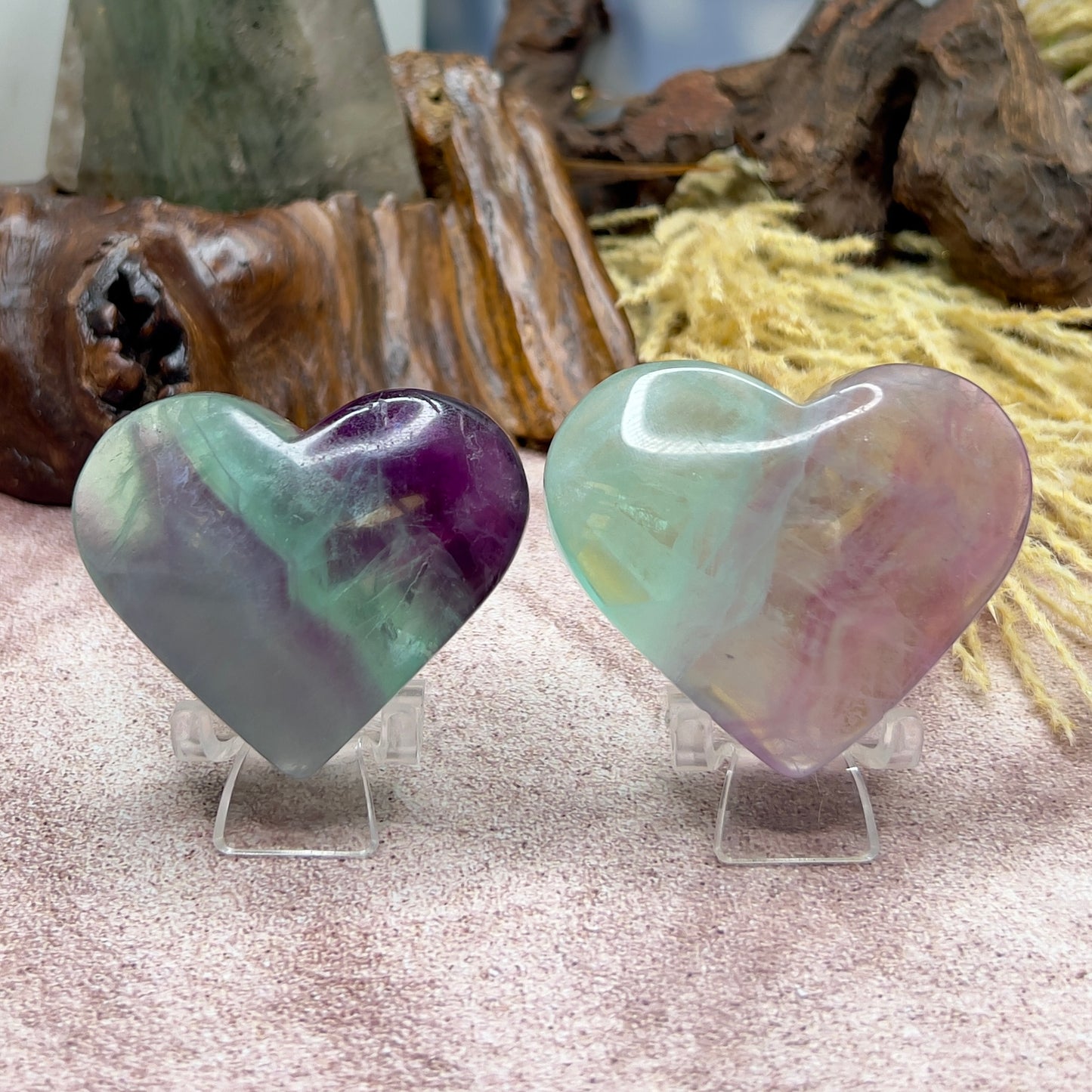 Purple Green Fluorite Gemstone Hearts Crystal Carvings Australian Seller