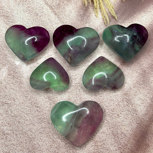 Purple Green Fluorite Gemstone Hearts Crystal Carvings Australian Seller