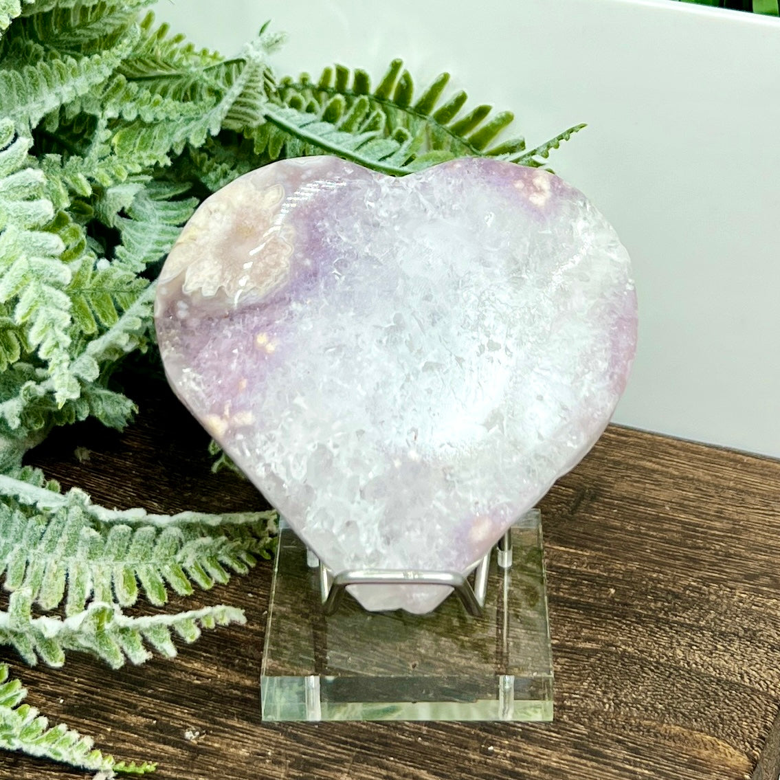 Flower Agate with Pink Purple Amethyst Quartz Heart with Stand Crystal 250g