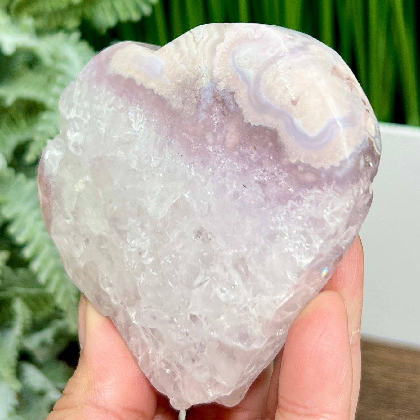 Flower Agate with Pink Purple Amethyst Quartz Heart with Stand Crystal 250g