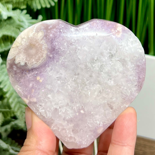 Flower Agate with Pink Purple Amethyst Quartz Heart with Stand Crystal 250g