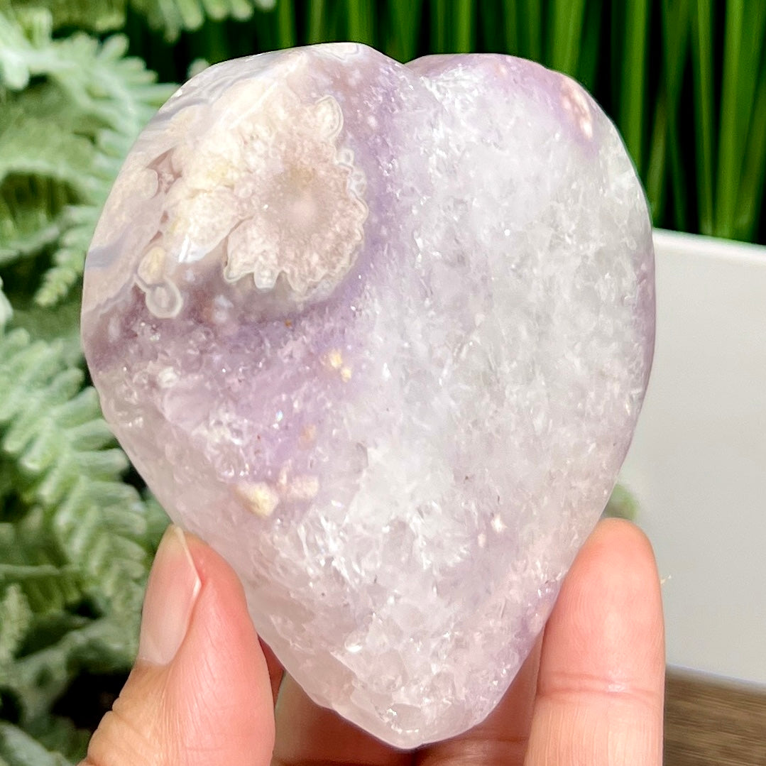 Flower Agate with Pink Purple Amethyst Quartz Heart with Stand Crystal 250g