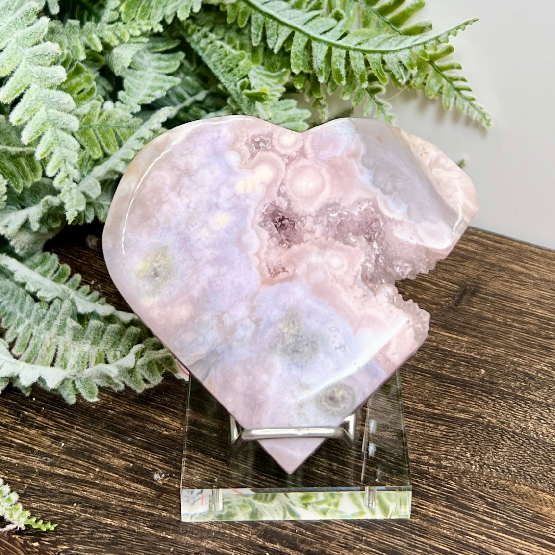 Flower Agate with Pink Amethyst Quartz Heart with Stand Crystal Carving 164g