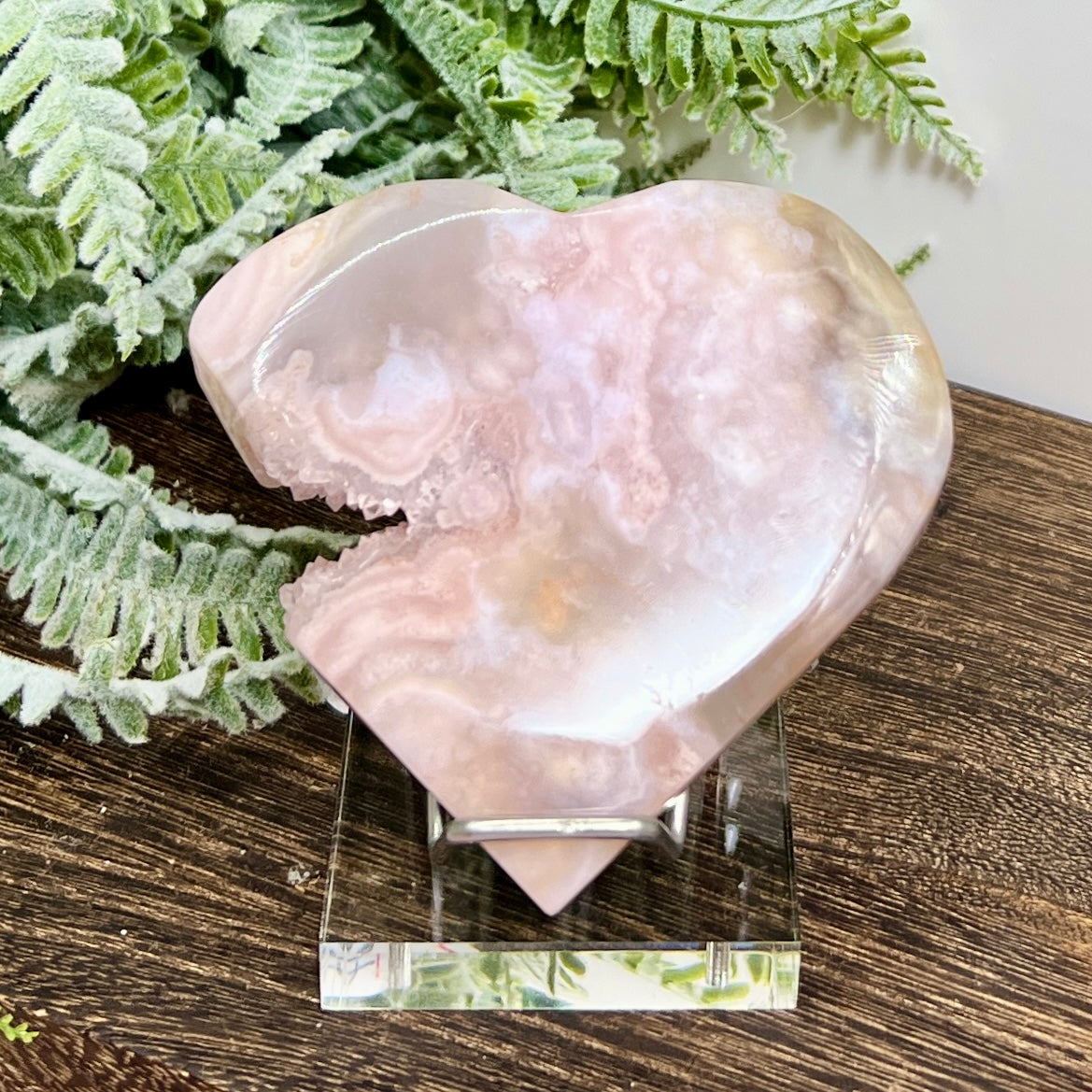 Flower Agate with Pink Amethyst Quartz Heart with Stand Crystal Carving 164g