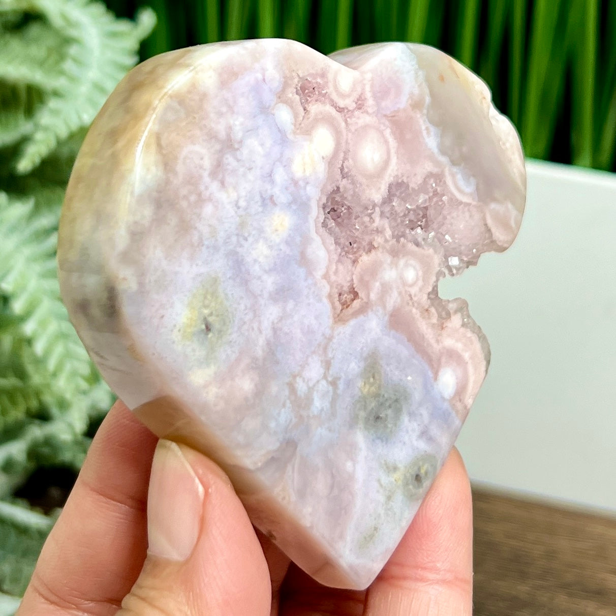 Flower Agate with Pink Amethyst Quartz Heart with Stand Crystal Carving 164g