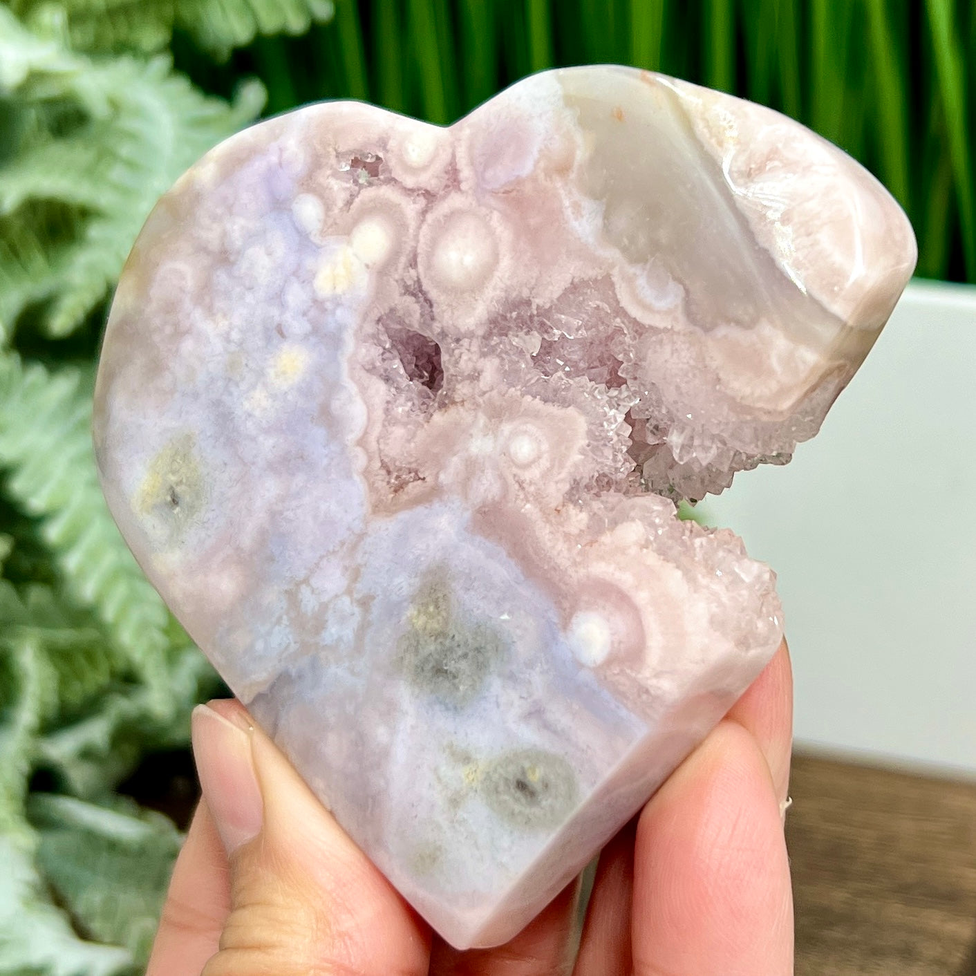 Flower Agate with Pink Amethyst Quartz Heart with Stand Crystal Carving 164g