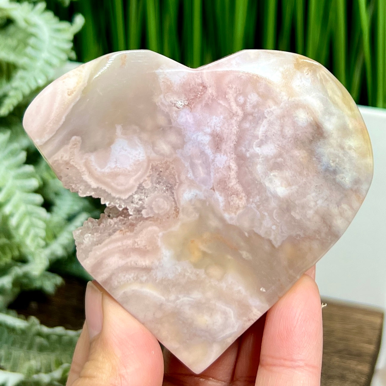 Flower Agate with Pink Amethyst Quartz Heart with Stand Crystal Carving 164g