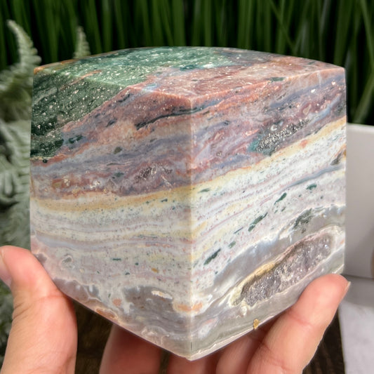 Ocean Sea Jasper Large Druzy Floating Cube Crystal Carving 1184g