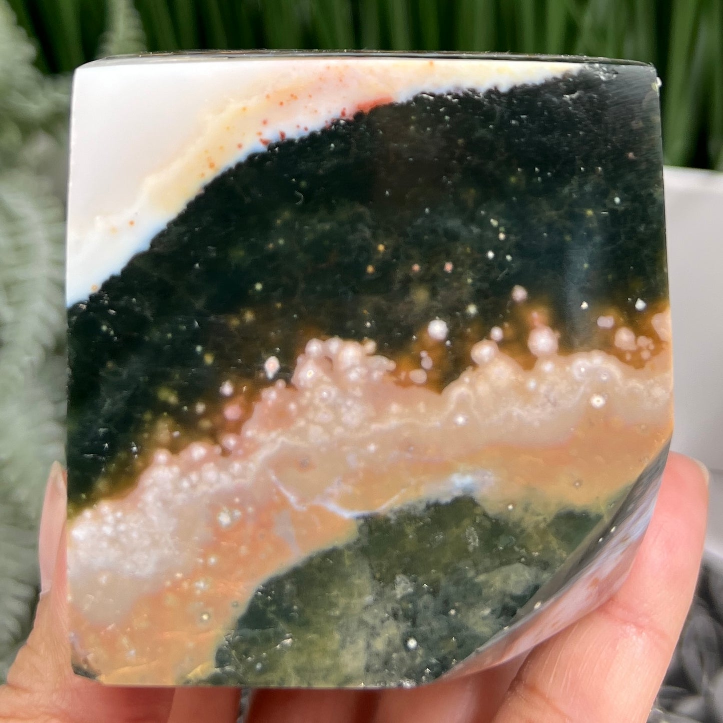 Bubble Ocean Sea Orbicular Jasper Floating Cube Crystal Carving 622g