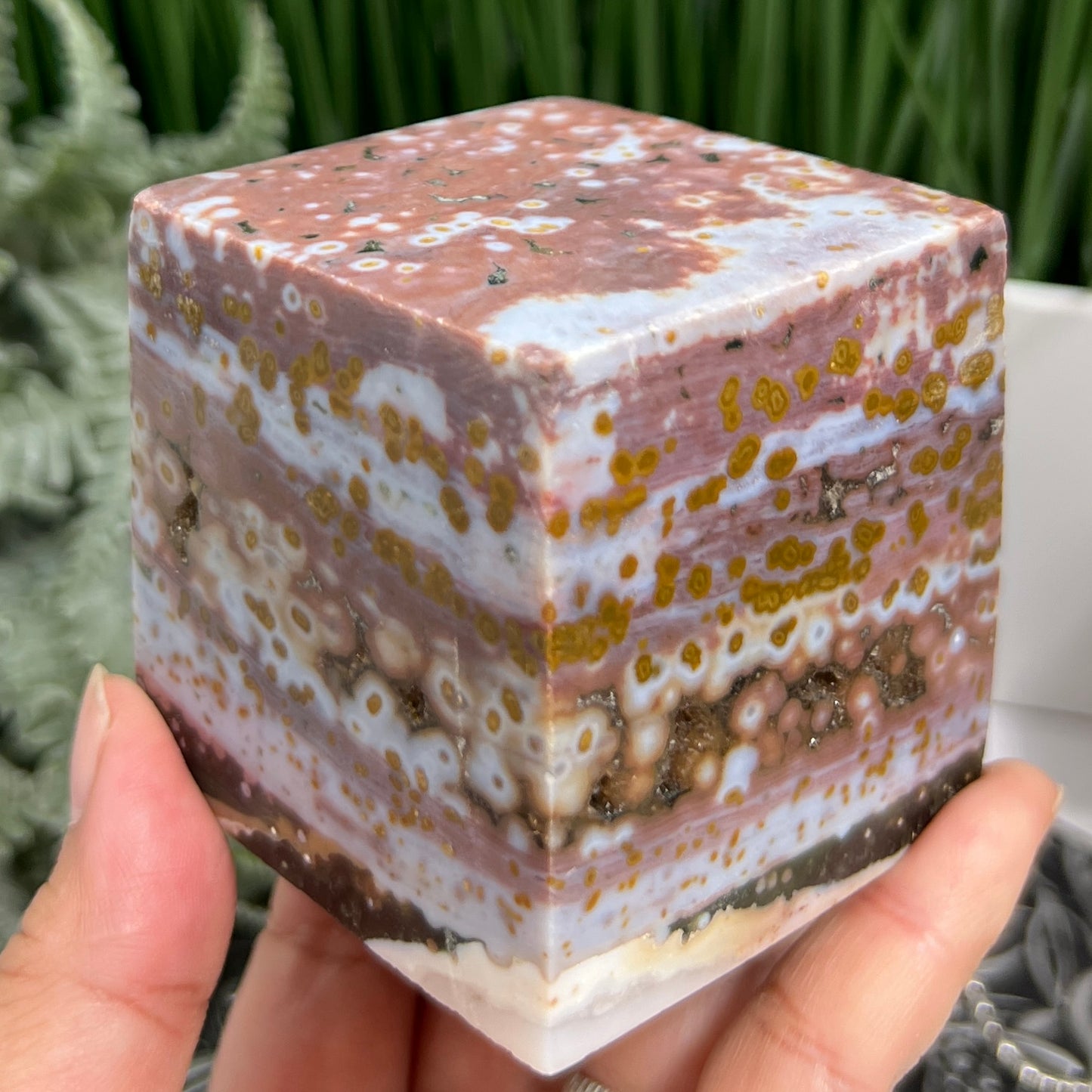 Bubble Ocean Sea Orbicular Jasper Floating Cube Crystal Carving 622g