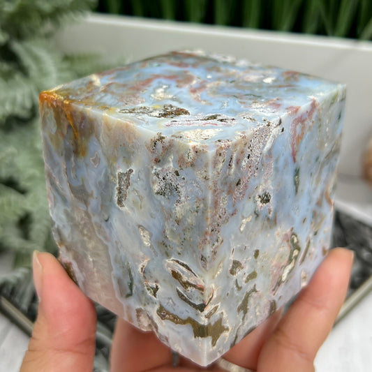 Ocean Sea Jasper Druzy Floating Cube Crystal Carving 682g