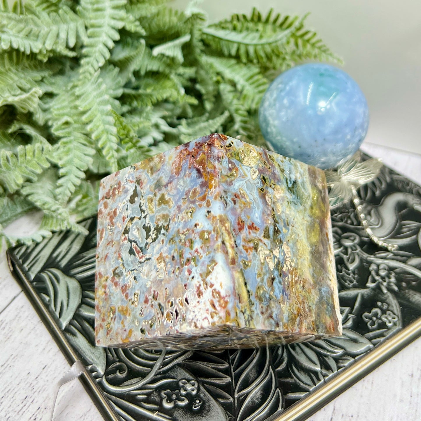 Ocean Sea Jasper Druzy Floating Cube Crystal Carving 724g