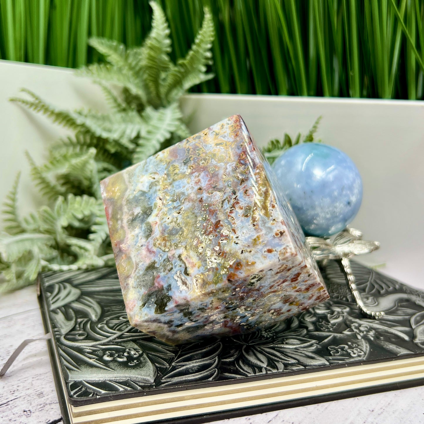 Ocean Sea Jasper Druzy Floating Cube Crystal Carving 724g