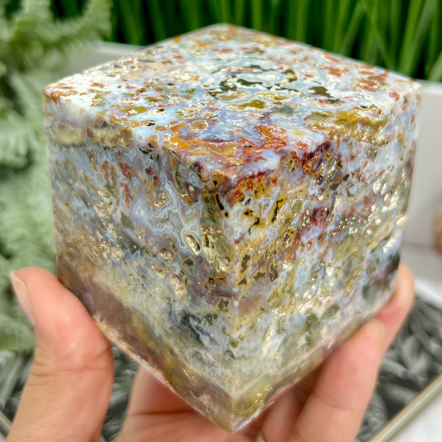 Ocean Sea Jasper Druzy Floating Cube Crystal Carving 724g