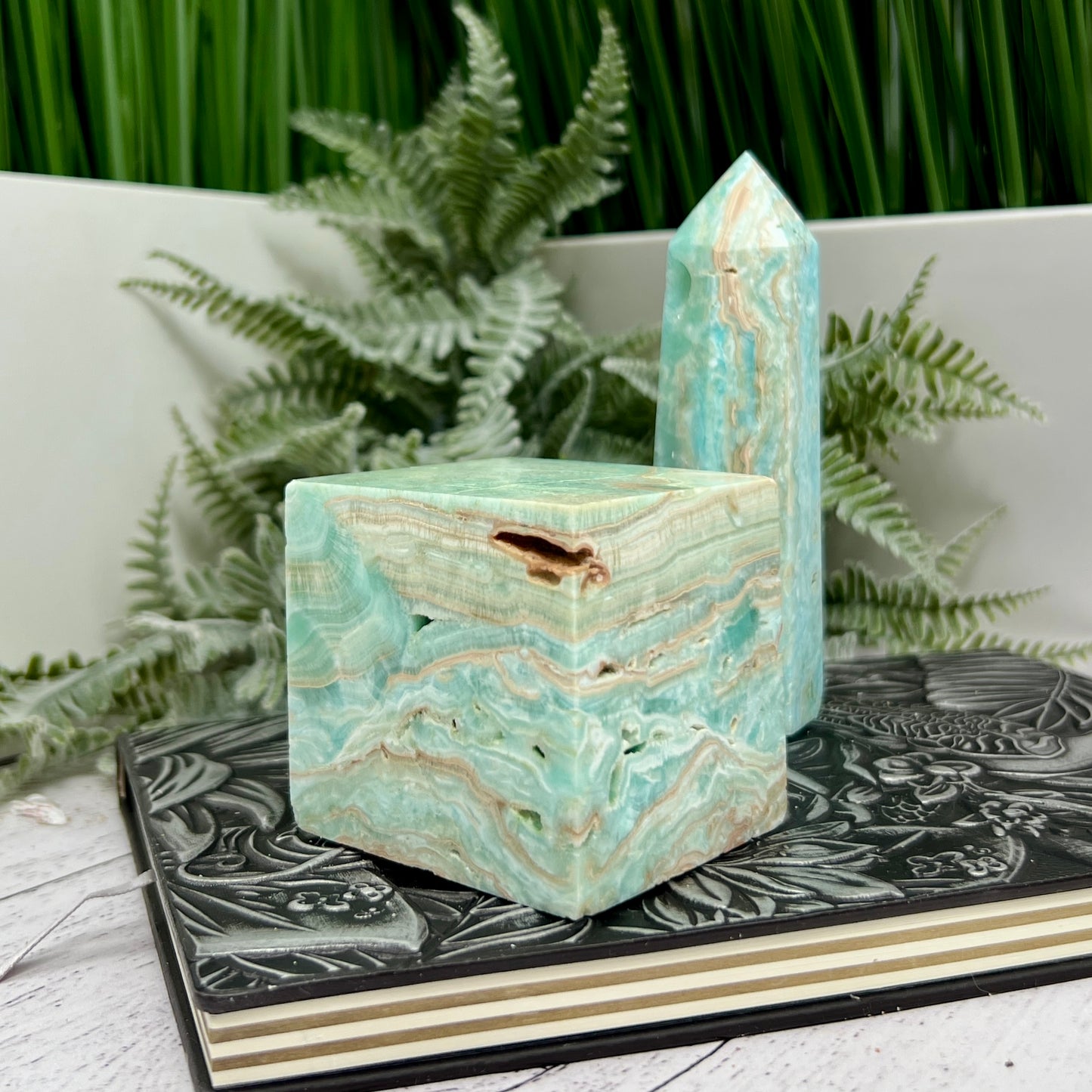 Blue Aragonite Floating Cube Crystal Carving 510g