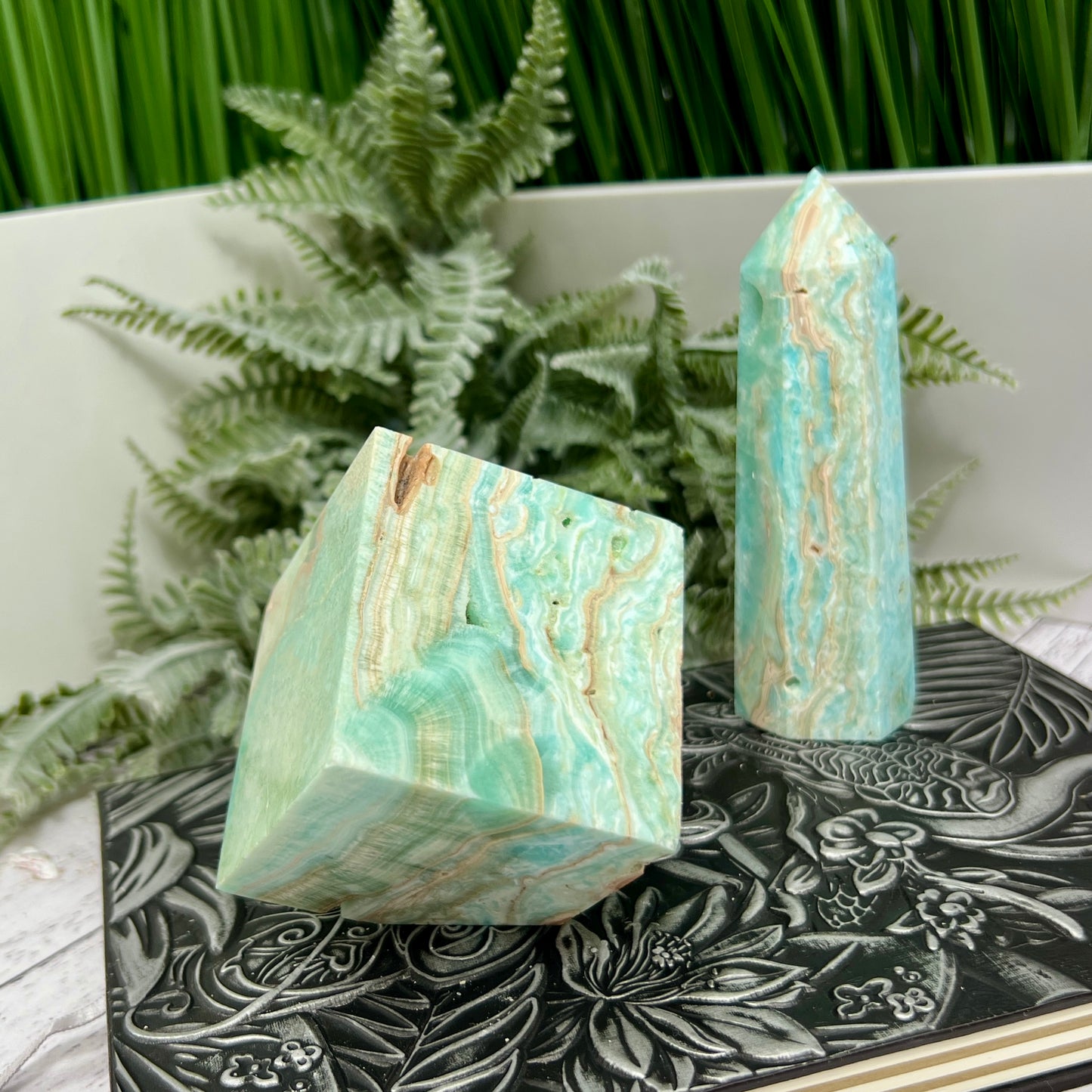 Blue Aragonite Floating Cube Crystal Carving 510g