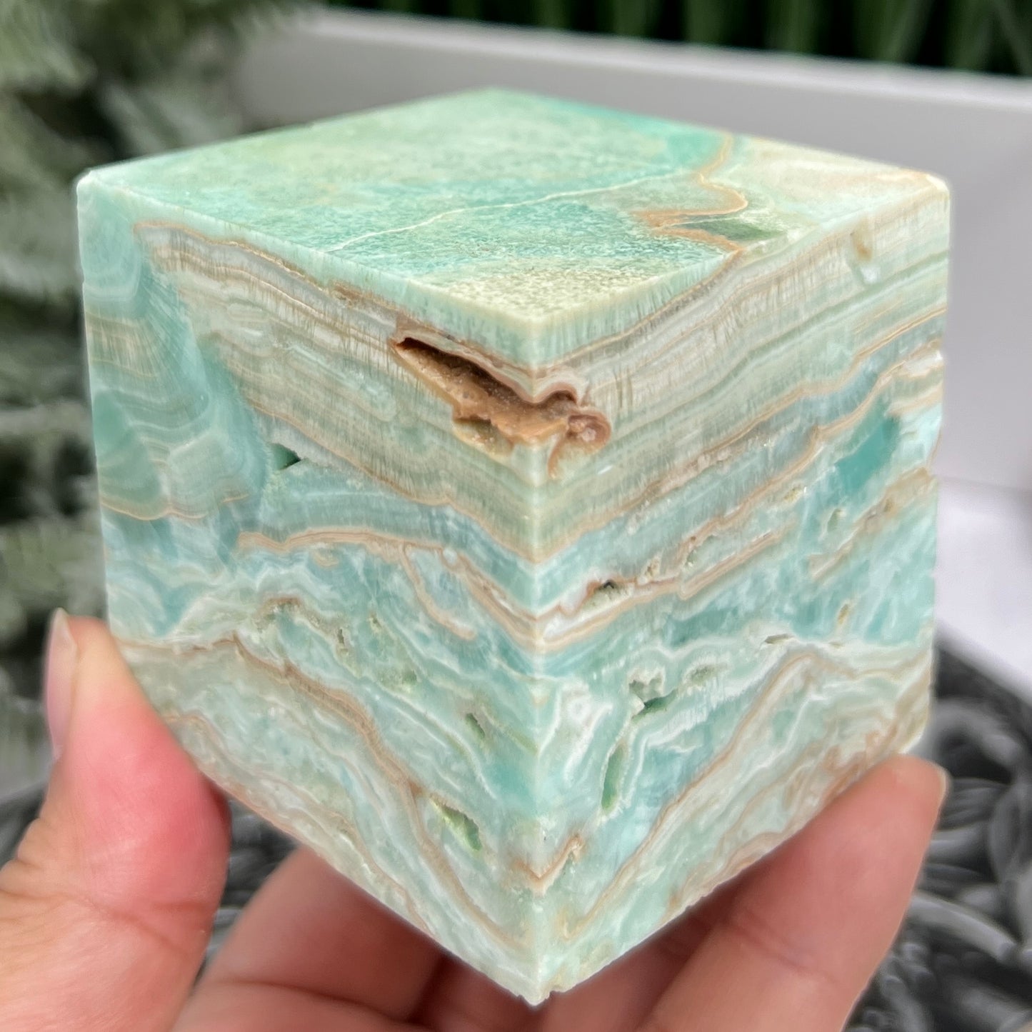 Blue Aragonite Floating Cube Crystal Carving 510g