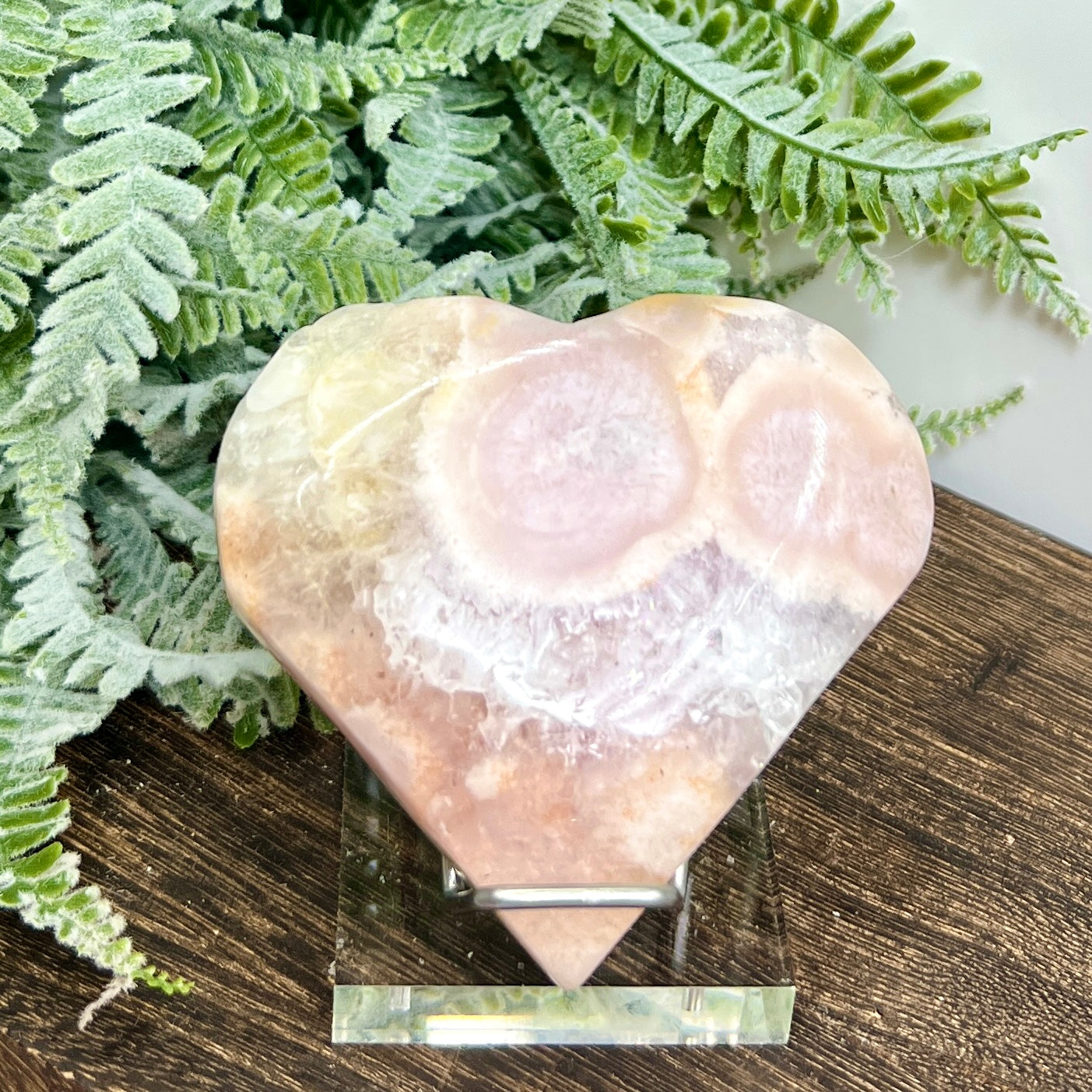 Flower Agate with Pink Purple Amethyst Quartz Crystal Heart with Stand 148g