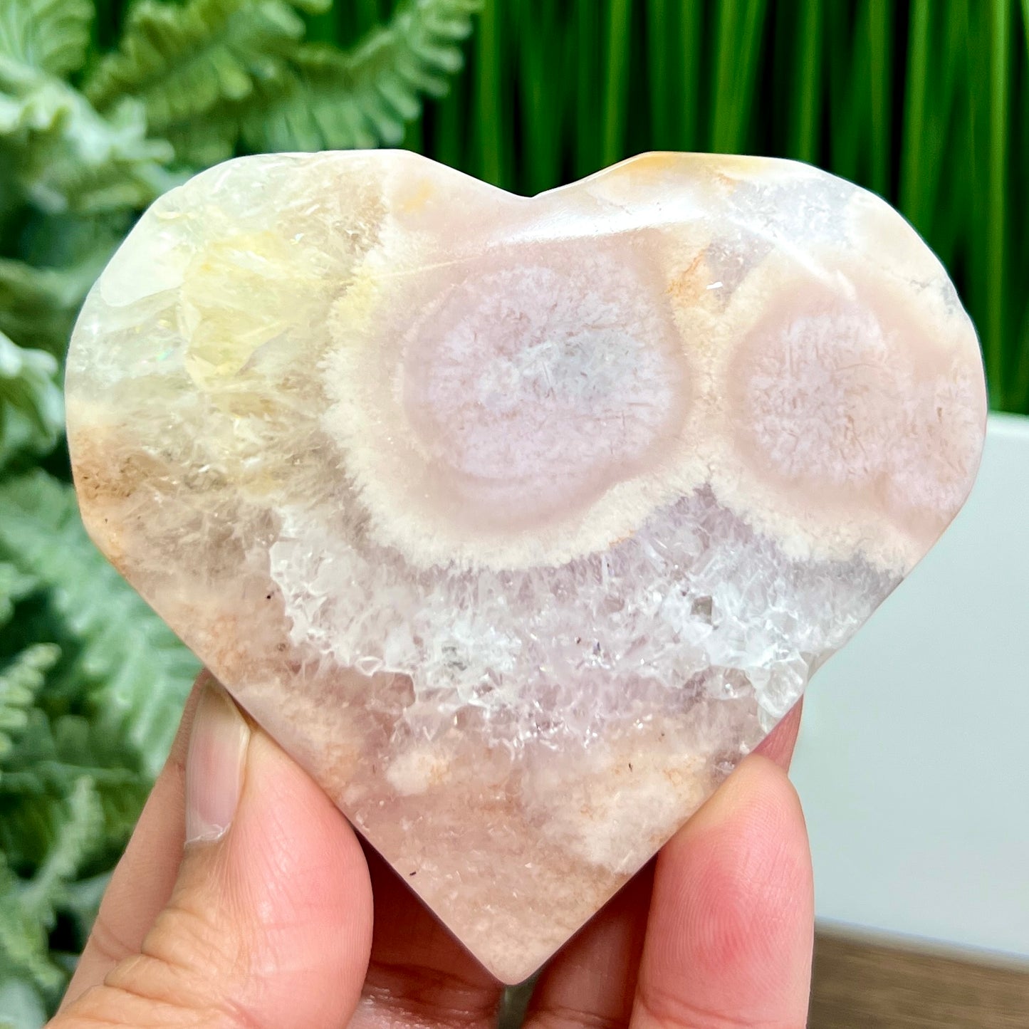 Flower Agate with Pink Purple Amethyst Quartz Crystal Heart with Stand 148g