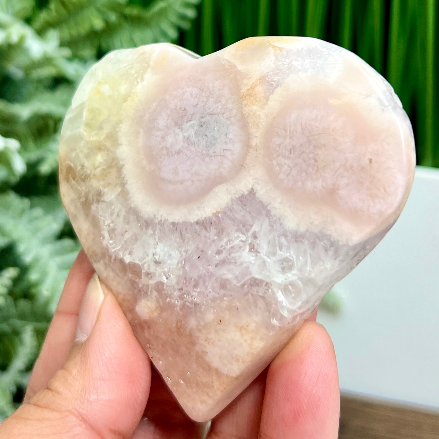 Flower Agate with Pink Purple Amethyst Quartz Crystal Heart with Stand 148g