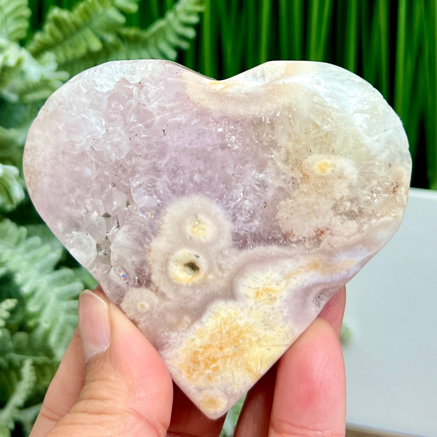 Flower Agate with Pink Purple Amethyst Quartz Crystal Heart with Stand 148g