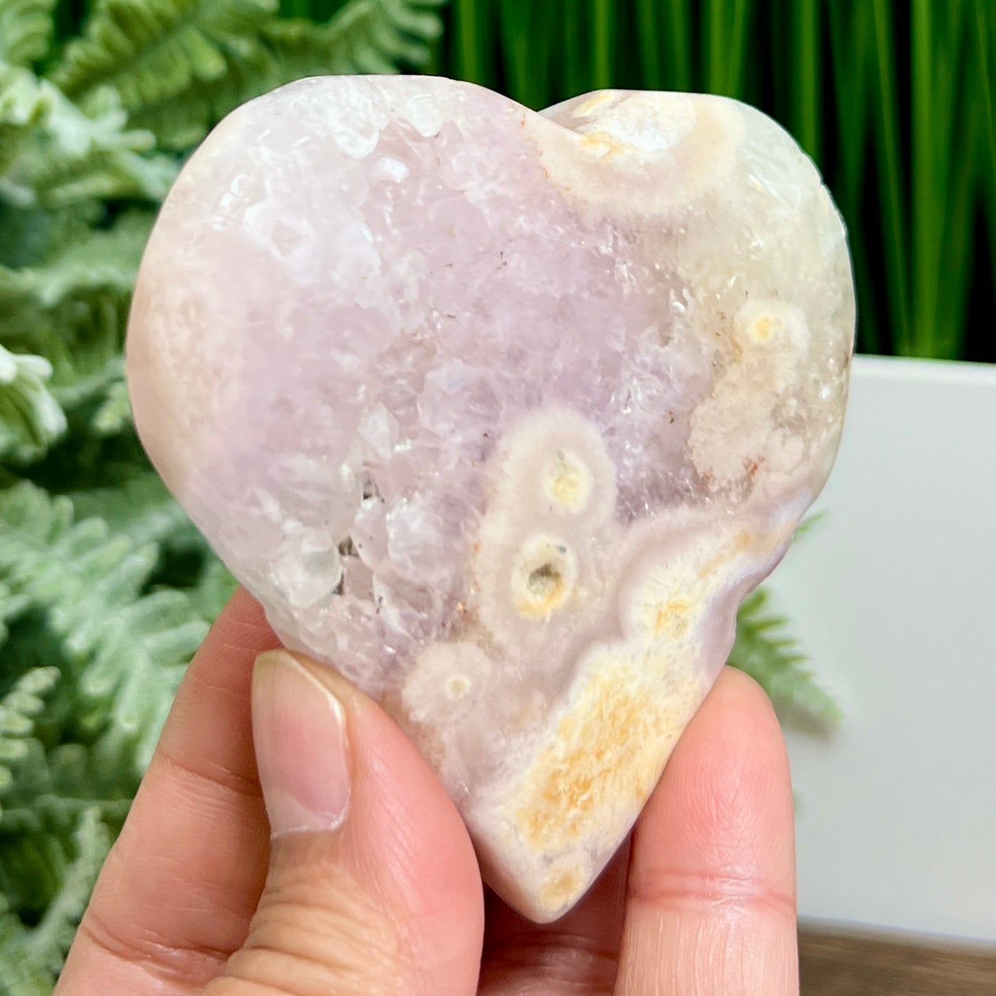 Flower Agate with Pink Purple Amethyst Quartz Crystal Heart with Stand 148g