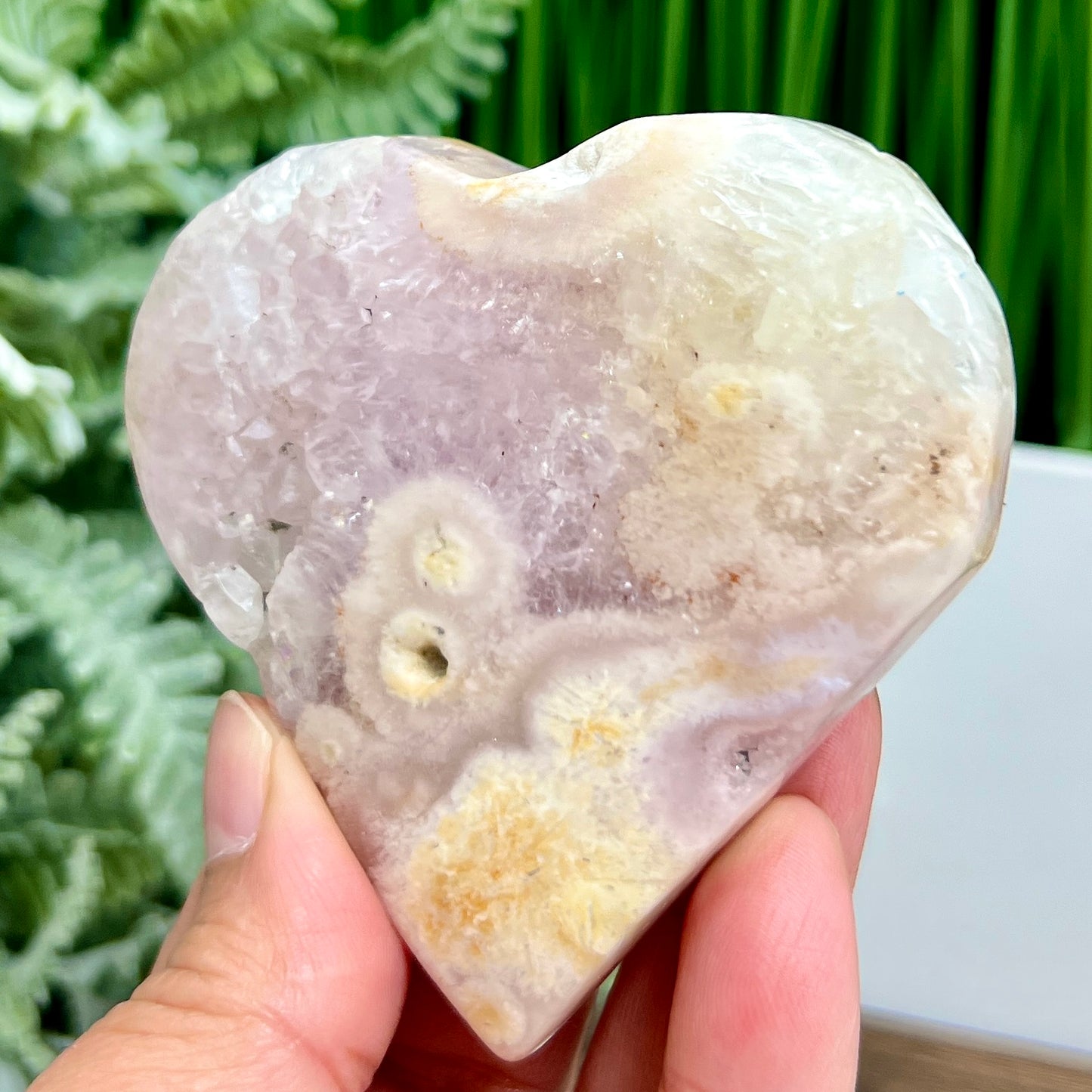 Flower Agate with Pink Purple Amethyst Quartz Crystal Heart with Stand 148g