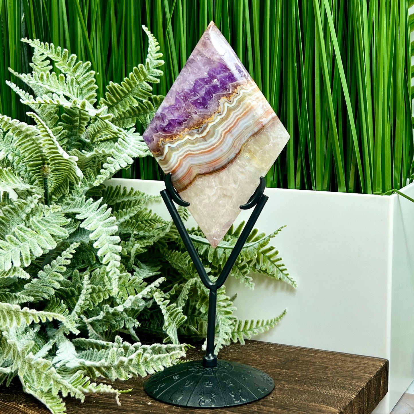 Amethyst with Mexican Lace Agate Rhombus Display with Stand Healing Crystal Carving