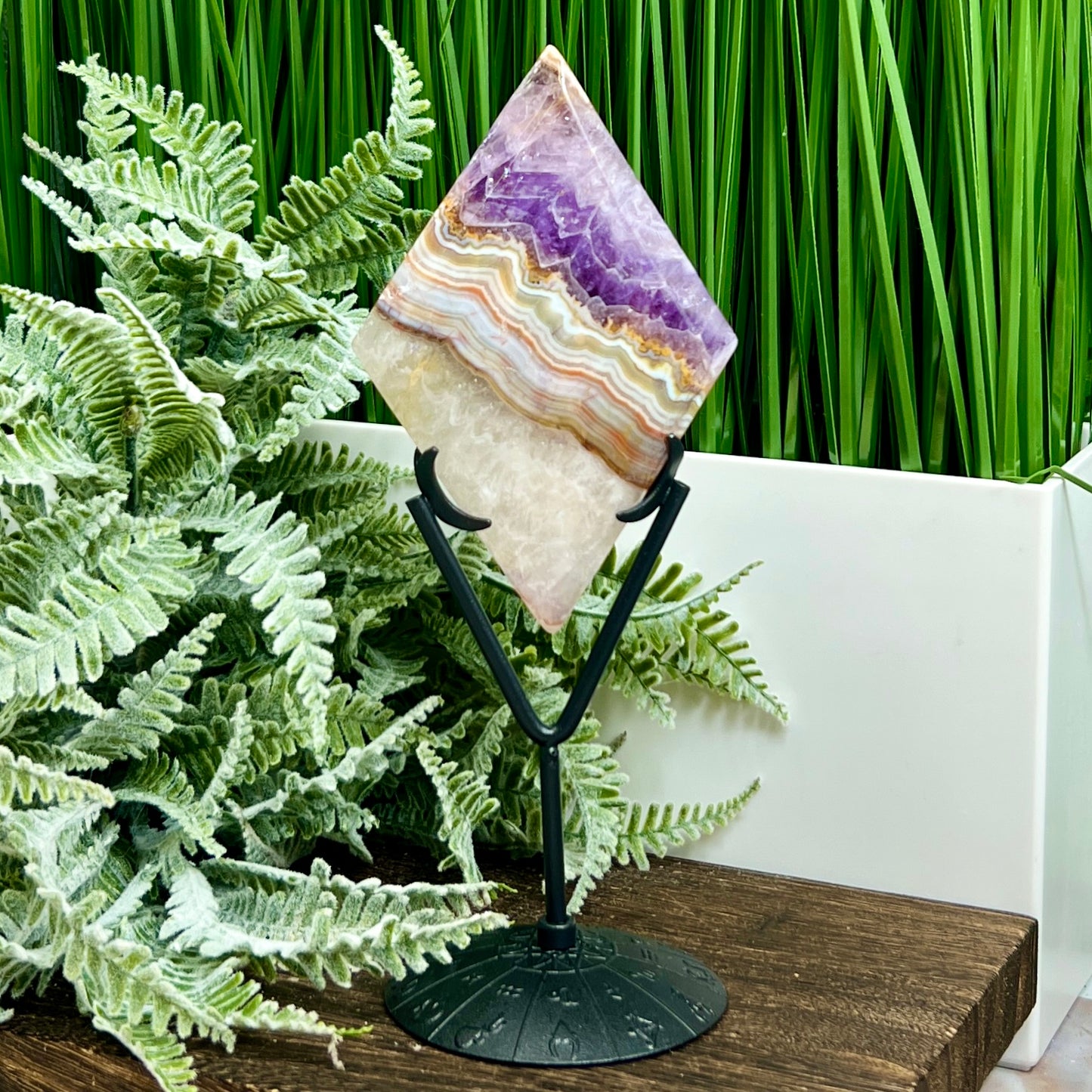 Amethyst with Mexican Lace Agate Rhombus Display with Stand Healing Crystal Carving