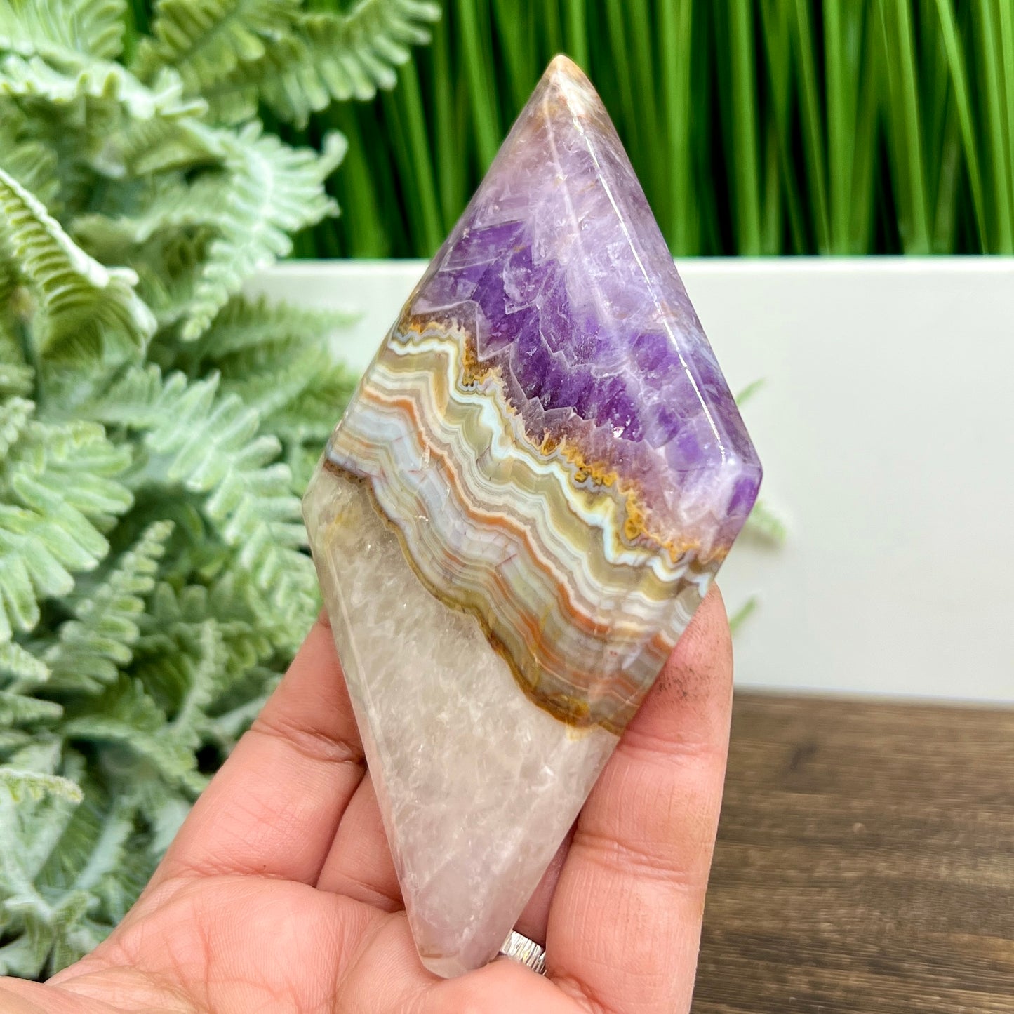 Amethyst with Mexican Lace Agate Rhombus Display with Stand Healing Crystal Carving