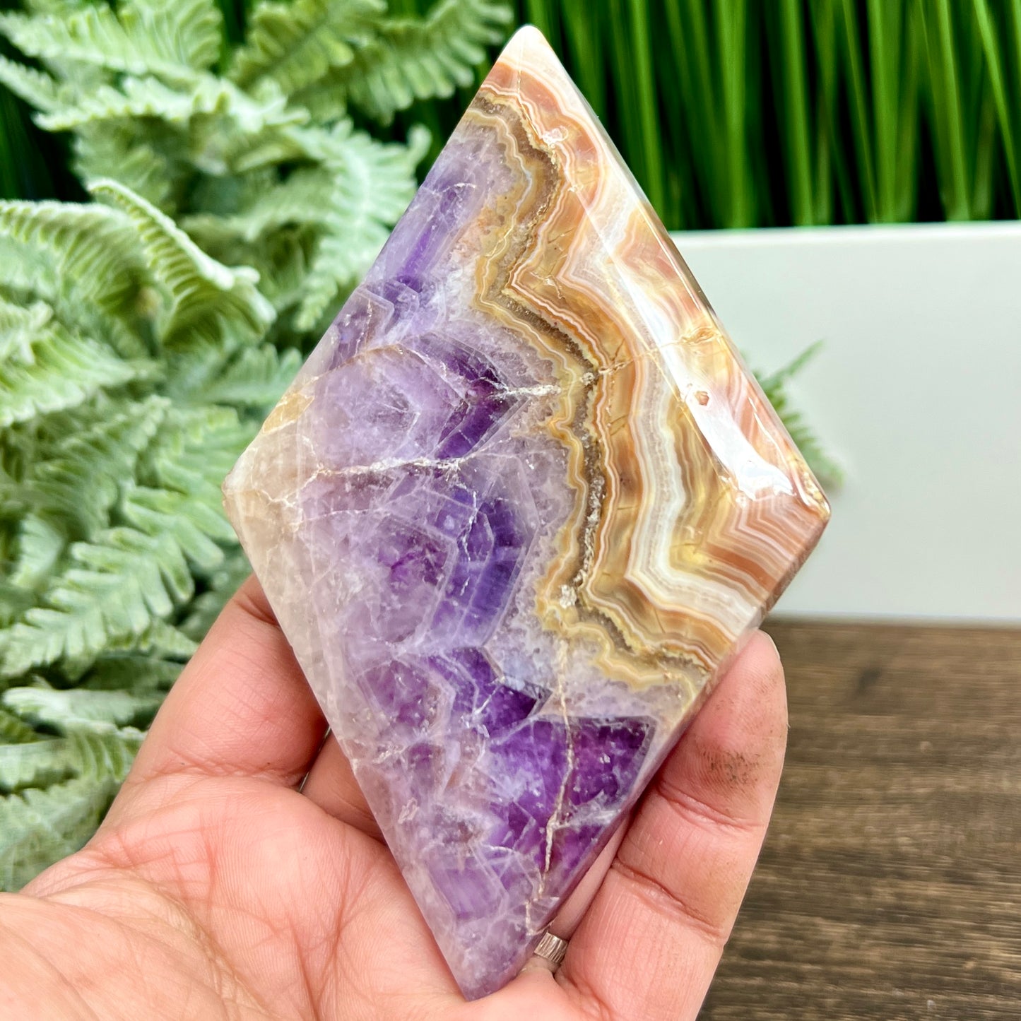 Amethyst with Mexican Lace Agate Rhombus Display with Stand Healing Crystal Carving