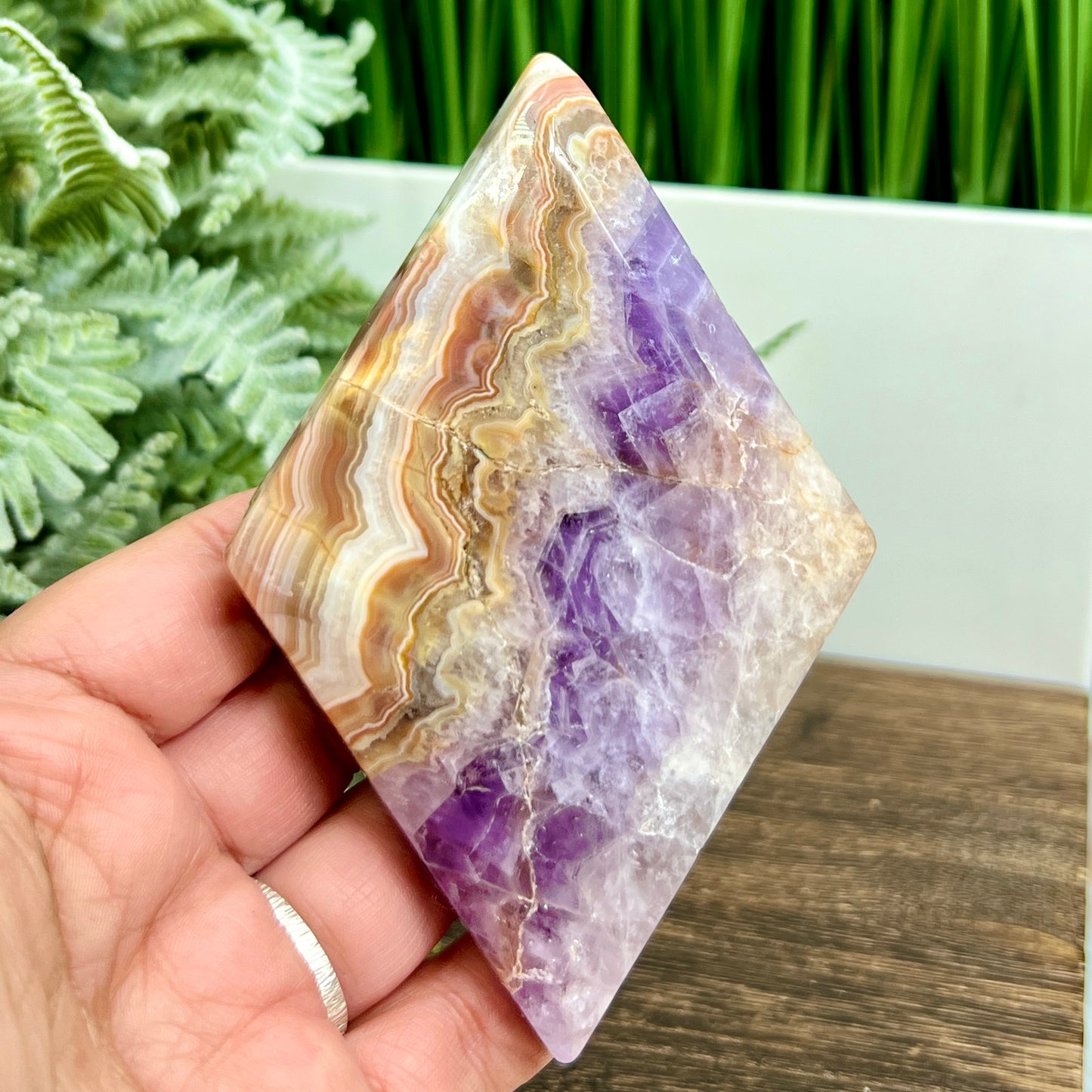 Amethyst with Mexican Lace Agate Rhombus Display with Stand Healing Crystal Carving